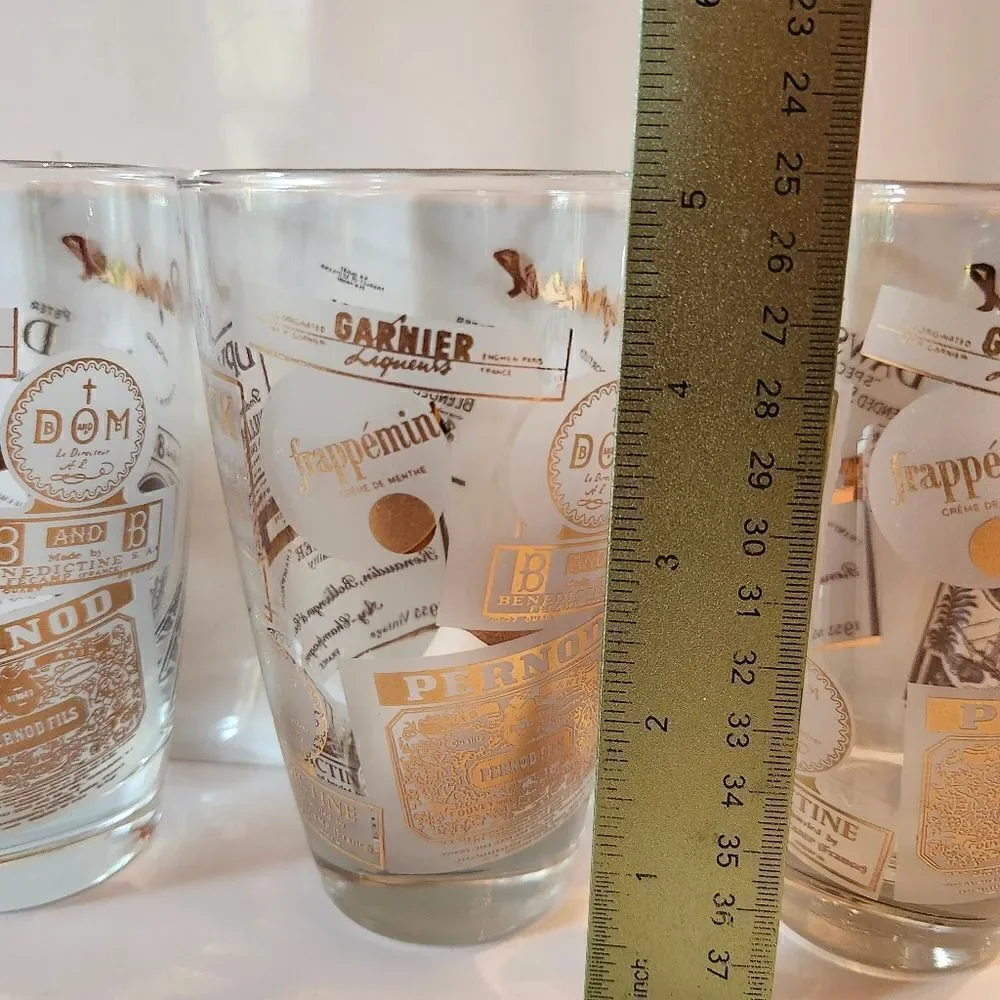 Vintage Mint '60s Set Of 3 22k Gold European Brand Graphics Drinking/Bar Glasses